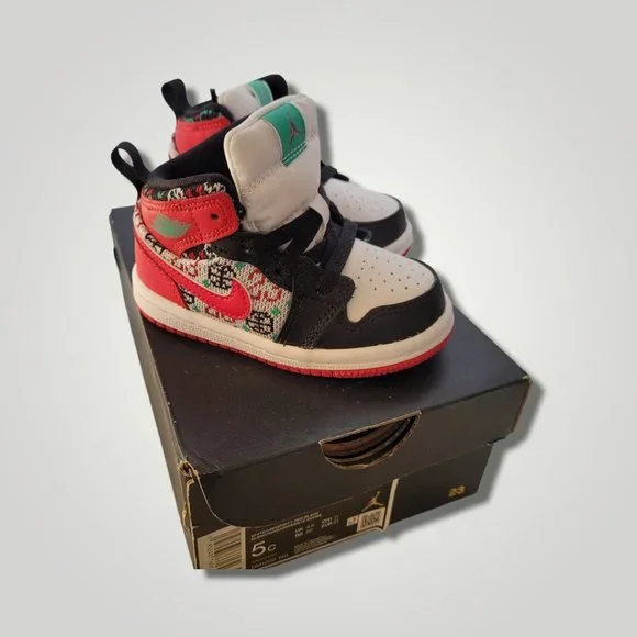 SOLD NIKE AIR JORDAN 1 MID SE (TD) WHITE "UGLY CHRISTMAS SWEATER" SZ 5c - Picture 5 of 6